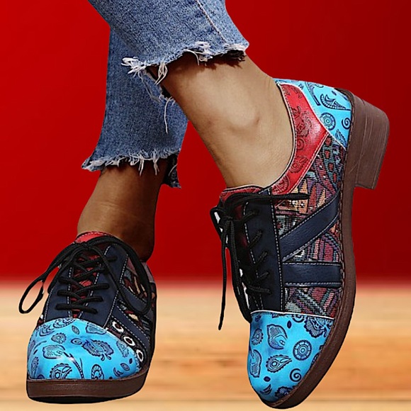 Boho Paisley, Color Block, Lace Up Oxfords Flats - Picture 3 of 11